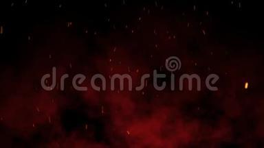 燃烧和喷发的红色热火暴-明亮和发光的火焰效果在黑暗的夜晚黑色背景中向上飞行。
